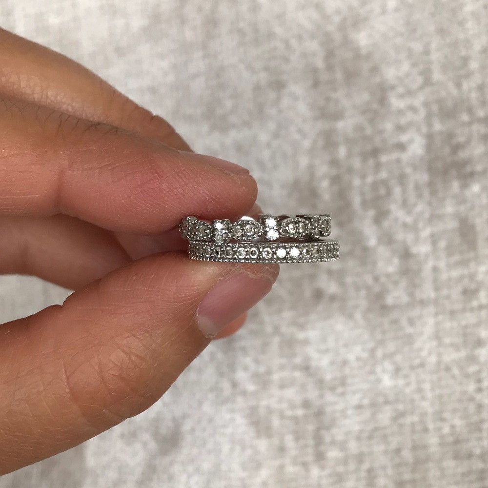 Rhodium Silver CZ Stacking Duo Rings